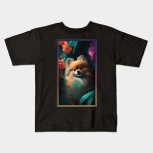 Pomeranian Dog Vibrant Tropical Flower Tall Digital Oil Painting Portrait 2 Kids T-Shirt